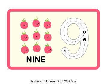 Red Apple Fruit Printable Number, Tracing Guide Flashcards