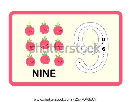 Red Apple Fruit Printable Number, Tracing Guide Flashcards