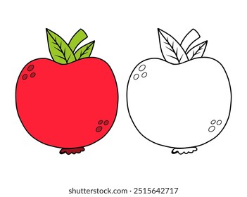 Red Apple fruit set. Isolated outline stroke, line and color drawings. Vector illustration. Coloring book. Kids collection