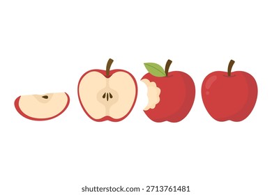 Red Apple Fruit Set. Whole, Sliced, and Eaten. Suitable for clip art, stickers, flat design illustration, etc 