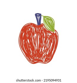 Red apple fruit sketch. Color vector illustration. Pen or marker doodle drawing