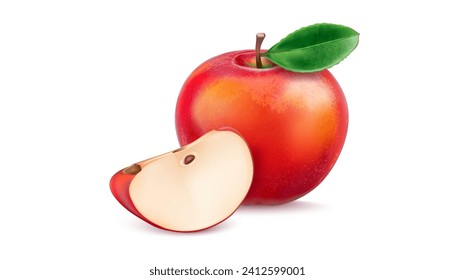 Red apple fruit with apple slice of piece and green leaf isolated on white background. Realistic vector in 3D illustration. Food and drink concepts.