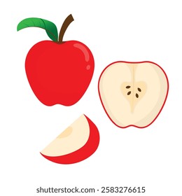 Red apple fruit in whole and slice object set illustration vector. Healthy vegetarian snack food fruit.