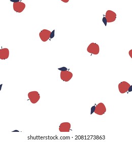 Red apple fruits with blue leaves on a white background. Vector pattern