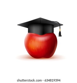 Red apple with graduation hat.  Education concept. Vector illustration