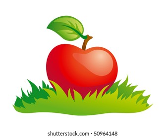 Red apple in green grass. EPS8 vector.