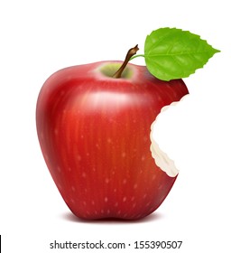 Red apple with green leaf and bite, isolated