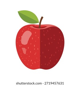 A red apple with a green leaf and a brown stem on a white background
