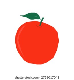Red apple with green leaf in flat paper cut style, minimalist fruit icon on white background.Simple illustration for stickers, kids cards and decor