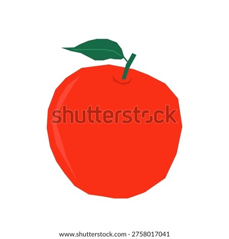 Red apple with green leaf in flat paper cut style, minimalist fruit icon on white background.Simple illustration for stickers, kids cards and decor