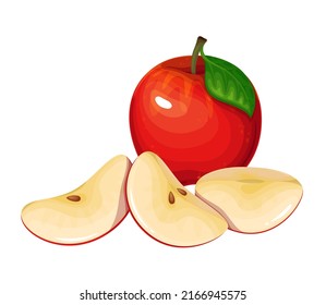 Red apple with green leaf and fruit slices and pieces in cartoon style. Healthy vegetarian snack food fruit, vector illustration