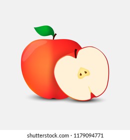 Red apple with green leaf, half apple, vector illustration.