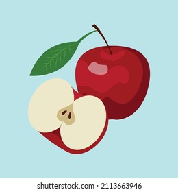 Red Apple with green leaf and half of the Apple lying near each other. Flat style Illustration.