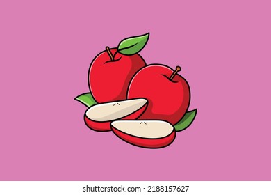 Red apple with green leaf and half apple pieces vector logo design, fruit slices and pieces in cartoon style.