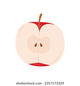 Red apple with green leaf and half apple, fruit slices and pieces in cartoon style. Healthy vegetarian snack food fruit, vector illustration