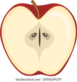 Manzana roja con hoja verde y media manzana, rodajas de frutas y piezas en estilo de dibujos animados. Comida vegetariana saludable, fruta, Ilustración vectorial