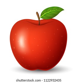 Red apple with green leaf isolated on white background