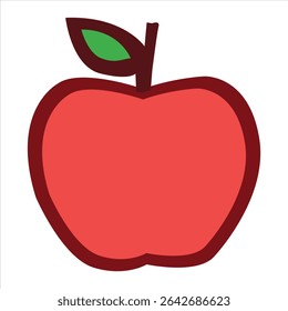 A red apple with a green leaf is isolated on a white background. The apple is a simple, graphic illustration of the fruit. Target length is 130 characters.