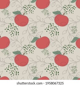 Red apple with a green leaf on gray background fruit seamless pattern. Vector illustration of an infinite pattern linear leaves and colored drops. Ripe juicy fruits in flat linear style