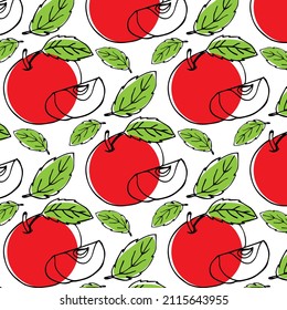 manzana roja con una hoja verde sobre el fondo gris de la fruta sin soldadura. Ilustración vectorial de un patrón infinito de hojas lineales y caídas coloreadas. Frutas jugosas maduras en estilo lineal plano
