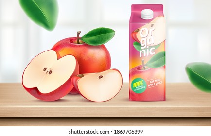 Red apple with green leaf and packaging mock up elements isolated on white background, Vector realistic in 3D illustration.