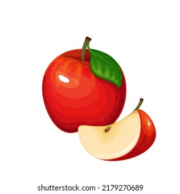Red apple with green leaf and piece in cartoon style. Healthy vegetarian snack food fruit, vector illustration