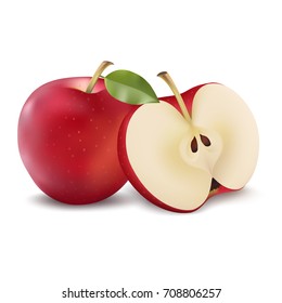 Red apple with green leaf and apple slice. Vector realistic illustration. Fresh isolated fruit