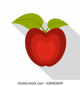 Red apple with green leaves icon. Flat illustration of red apple with green leaves vector icon for web on white background