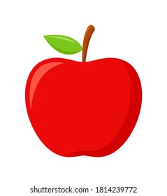 Red apple with green leaves isolated on white background, flat design, fruit vector illustration
