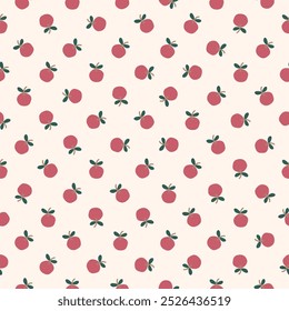 Red apple and green leaves seamless pattern vector. Cute cartoon little fruit repeat pattern for fabric, wrapping, textile, wallpaper, card, paper gift, phone case.