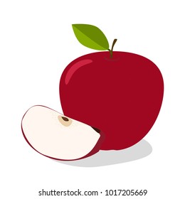 Red Apple with Green Leaves and Apple Slice Vector Illustration.