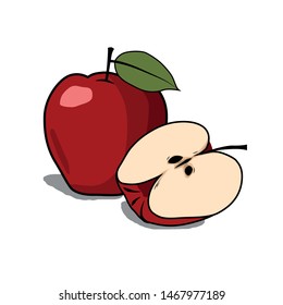 Red apple with green leaves and apple slice illustration. Isolated vector on white background. Fruit design with flat and line style in EPS10.