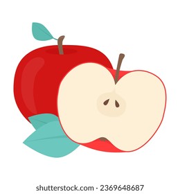 Red apple with green leaves, apple slice. Vector illustration
