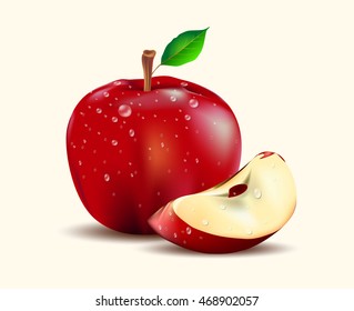 Red Apple with Green Leaves and Apple Slice - Vector Illustration. Realistic