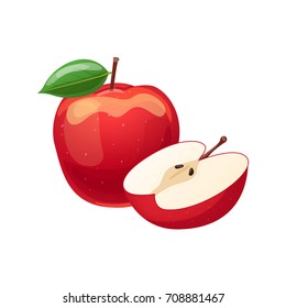 Red Apple with Green Leaves and Apple Slice .Vector Illustration isolated on white background. Realistic apple fruit.