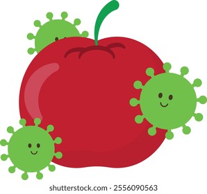 Red apple with a green stem surrounded by three green cartoon-like germs with unhappy faces. Food hygiene and safety.
