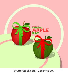 Red apple and green apple tied with ribbon on wooden plate, with bold text in frame on light red background to  celebrate National Apple Day on October 21