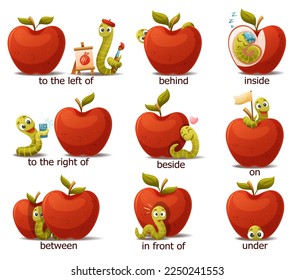 Red Apple with Green Worm as English Preposition Words Vector Set