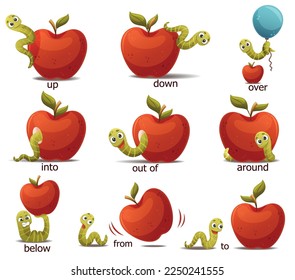 Red Apple with Green Worm as English Preposition Words Vector Set