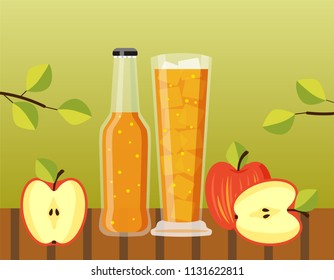 Red apple, a half of an apple, bottled cider and glass of cider on a table in garden. Vector illustration in flat style isolated.