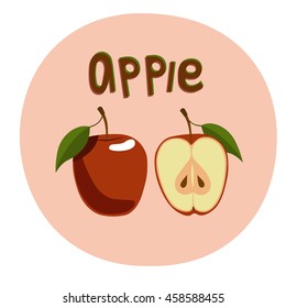 red apple and apple half with leaves on neutral pink background with the inscription
