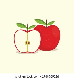 Red apple and half apple vector flat design illustration, Cute Apple slice. Cartoon style red apple flat vector icon isolated on white background. Fresh fruit symbol in flat style Furits Vector