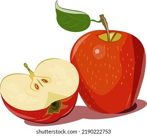 manzana roja y mitad de manzana en vector, ilustración para vacaciones y diseños web