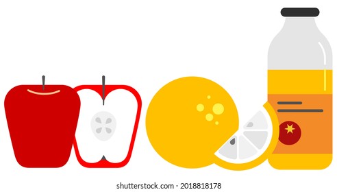 red apple halved with Oranges placed on the side of a bottle of orange juice. On the floor there is a white background.