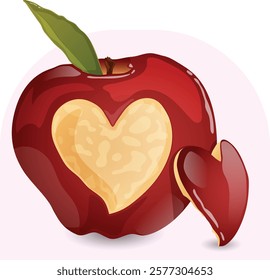 Red Apple with Heart Carving and Leaf. Romantic Fruit Detailed Vector Illustration 