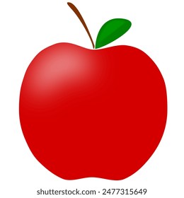 Red apple with highlight on the surface, green leaf and brown stalk. Fruit vector illustration