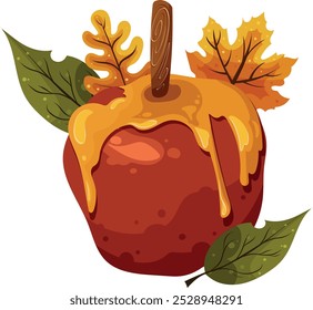 red apple in honey. Cozy autumn. Autumn food, apple sweets in caramel.