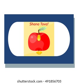Red apple with honey drops. Inscription Shana Tova (Happy New Year in hebrew language). Celebrations card.