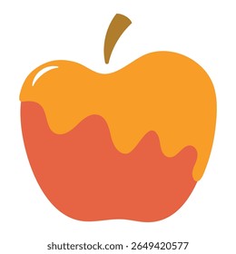 Red apple in honey, Rosh Hashanah symbol, isolated on transparent. Hand drawn flat vector illustration. Traditional Hebrew New Year clip art, seasonal summer, autumn fruit design element