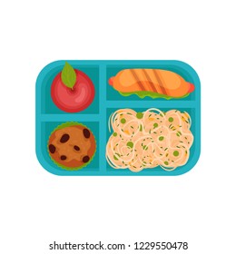 Red apple, hot dog, cupcake and spaghetti with green peas in lunch box, top view. Tasty food. Flat vector icon